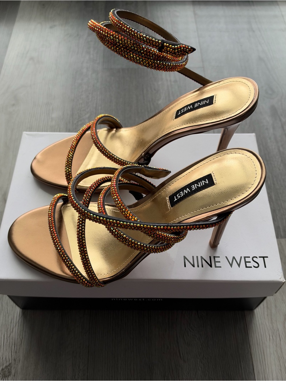 Nine West Metallic Rose Gold Crystal Strappy Heels